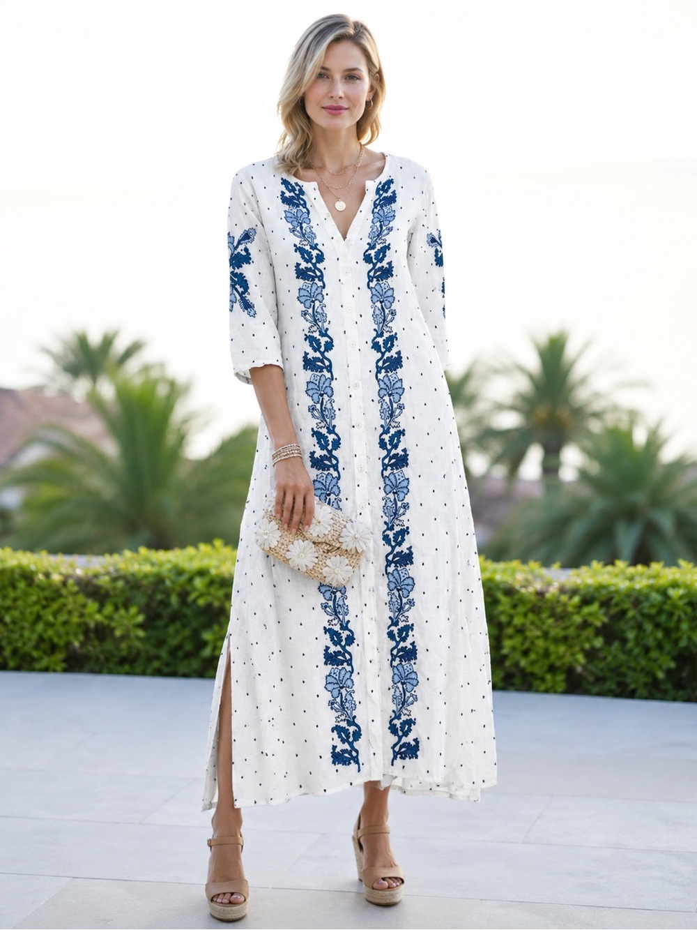 Roller Rabbit x Gorsuch Linen Embroidered Button Down Maxi Dress Size Medium